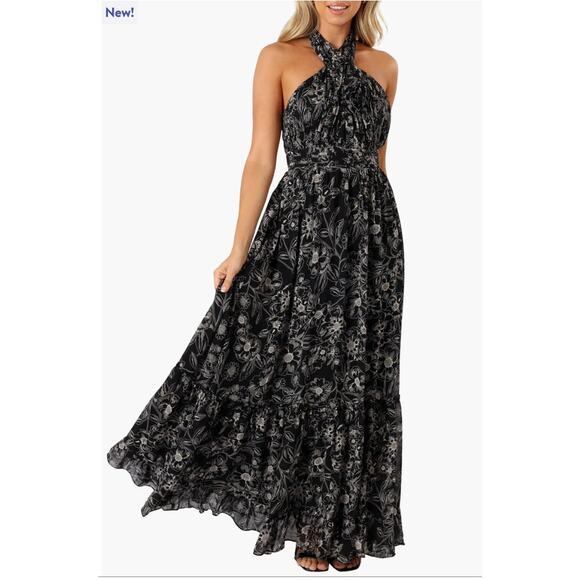 Petal & Pup Pleated Halter Black Floral Backless Lennon Maxi Dress Size M - Picture 8 of 12